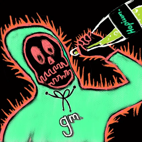 Stylized illustration of a grim reaper figure in a teal hooded robe holding a green syringe-like object, with text reading 'gm.' and 'undead'.