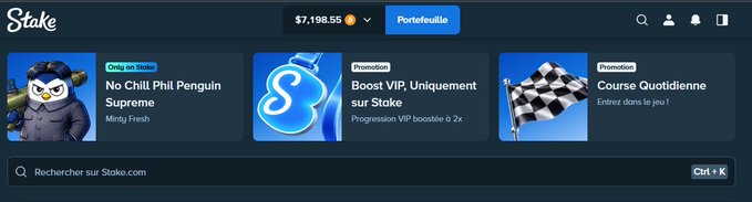 Screenshot of the Stake.com gambling site interface in French, showing a balance of $7,198.55, and promotional banners reading 'No Chilli Phil Penguin Supreme' and 'Boost VIP, Uniquement sur Stake'.