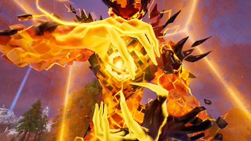 A fiery, demonic figure with glowing orange and red energy radiating from its clawed hands dominates the scene against a dramatic landscape. The intense, apocalyptic imagery visually echoes the epic, otherworldly adventure narrative implied by "The saga of the Voyager continues."