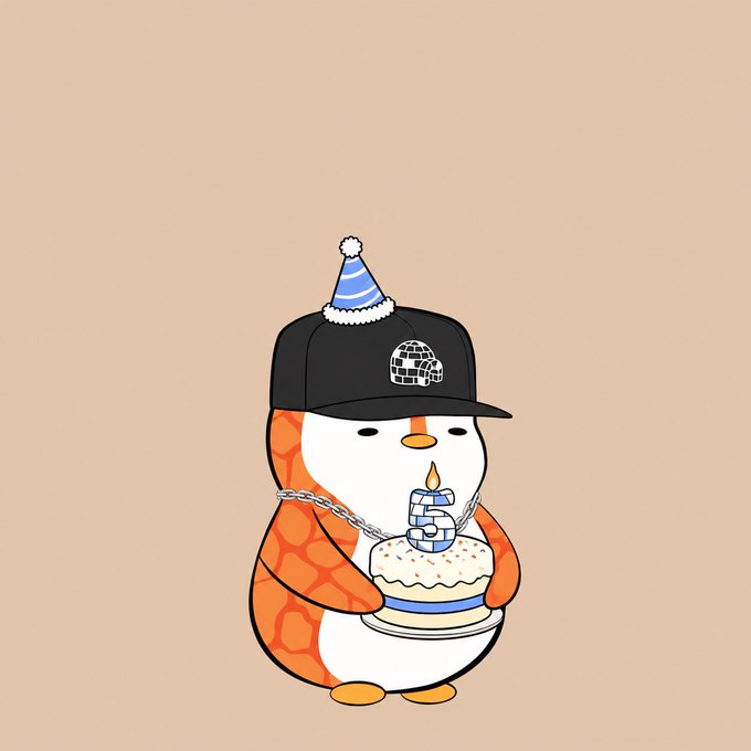 Illustration of a cartoon penguin wearing a black cap and party hat, holding a birthday cake with a number 6 candle and wearing a chain necklace.