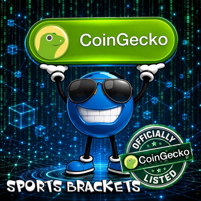 A promotional graphic for 'CoinGecko Sports Brackets' featuring a blue cartoon character wearing sunglasses and holding a 'CoinGecko' sign, with an 'OFFICIALLY LISTED' badge on a blue digital background.