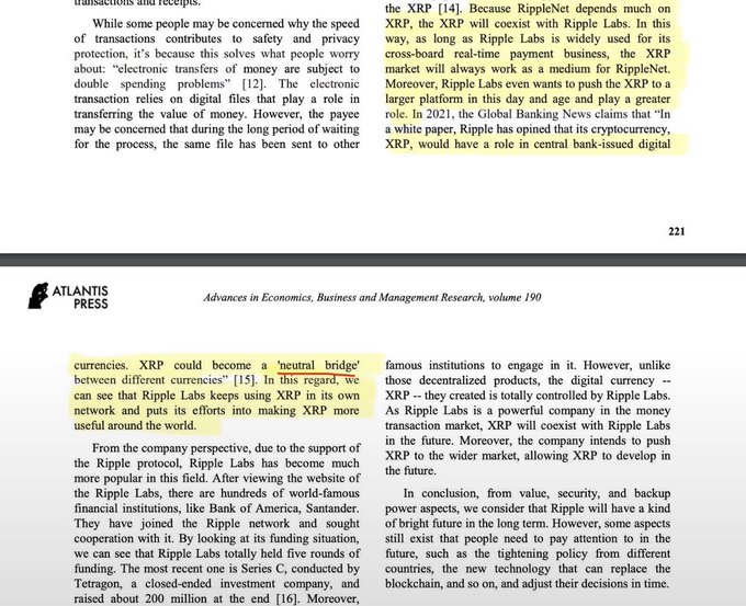 A page from an academic paper discusses how RippleNet depends on XRP, noting that while XRP coexists with Ripple Labs in the digital transaction market, the native asset will play a central role in cross-border real-time payments and central bank-issued digital currencies, supporting the post's claim that XRP was built as the core of the RippleNet ecosystem.