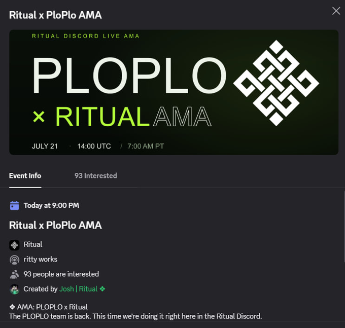 The image is a Discord event announcement for the "Ritual x PloPlo AMA," scheduled for July 21 at 14:00 UTC (7:00 AM PT), with 93 people marked as interested. It serves as the official visual promotion for the AMA session the post is referencing, featuring the PLOPLO and Ritual branding alongside event details.