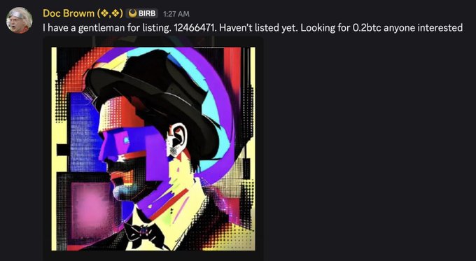 A tweet from Doc Brown (BIRB) offering a 'gentleman for listing' from collection 12466471, featuring a colorful pop-art style profile illustration.
