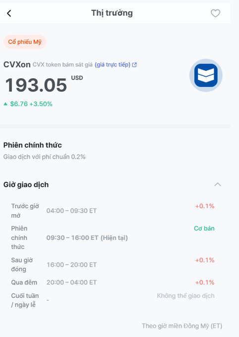 A Vietnamese-language trading app screen displaying the CVXon token (CVX) price at $193.05 USD, up $6.76 (+3.50%), with US market trading session hours listed.