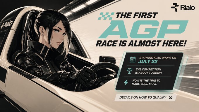 A promotional graphic for 'THE FIRST AGP RACE IS ALMOST HERE!' by Rialo, featuring an anime-style female racer and noting the starting flag drops on July 22.