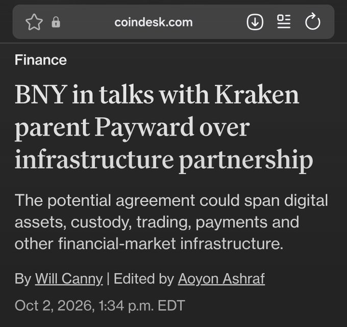 Screenshot of a CoinDesk article titled 'BNY in talks with Kraken parent Payward over infrastructure partnership,' dated Oct 2, 2026, by Will Canny and edited by Aoyon Ashraf.
