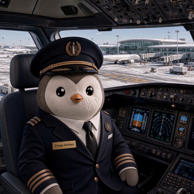 AI-generated image of a penguin character dressed as an airline pilot in a cockpit, wearing a 'Pengu Airlines' uniform.