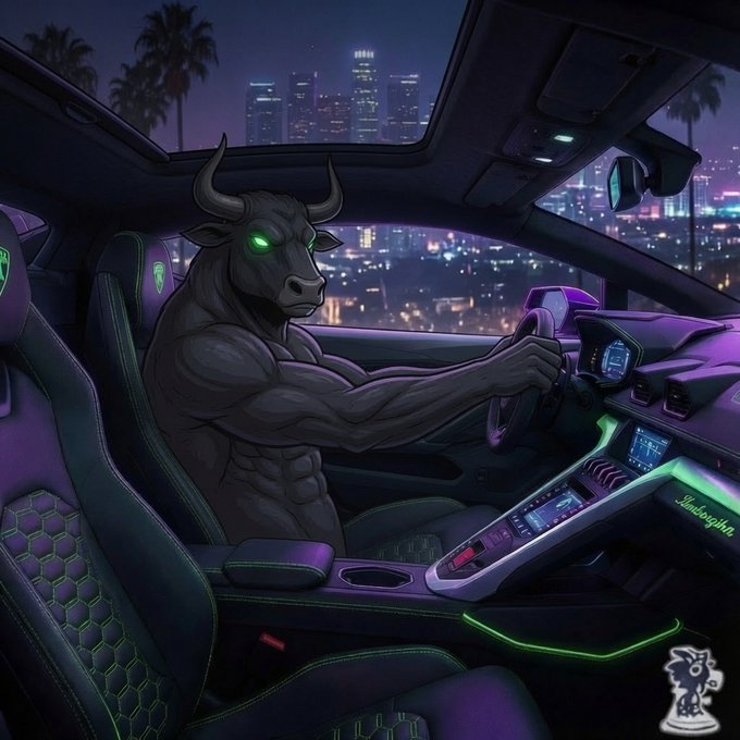 An illustration depicts a muscular, anthropomorphic bull with glowing green eyes driving a futuristic sports car at night through a city illuminated by purple and green neon lights.