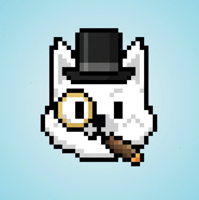 A pixel art sprite of a white character wearing a black top hat and smoking a cigar, with a yellow monocle over one eye, set against a light blue background.