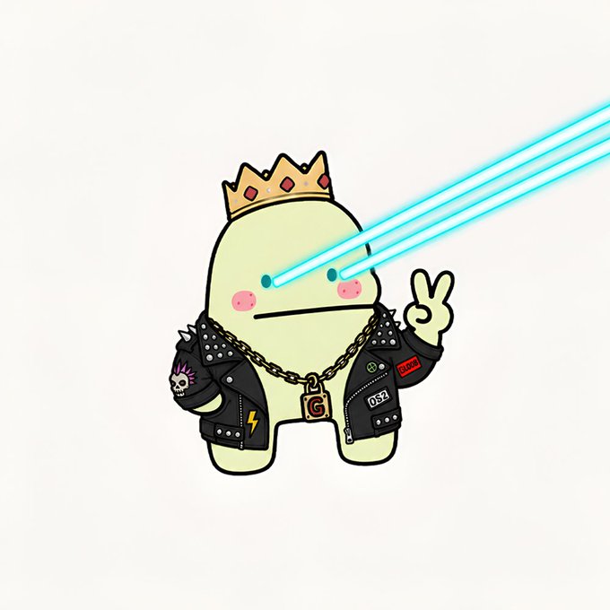 A cartoon illustration of a cute green blob character wearing a gold crown, spiked leather jacket with patches, and a chain, shooting blue laser beams from its eyes while making a peace sign.