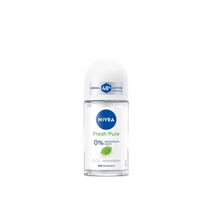 A 50ml roll-on bottle of Nivea 'Fresh Pure' deodorant, featuring 48H Derma Active, 0% Aluminium (ACH), and labeled as an Infinifresh 48H Deodorant.