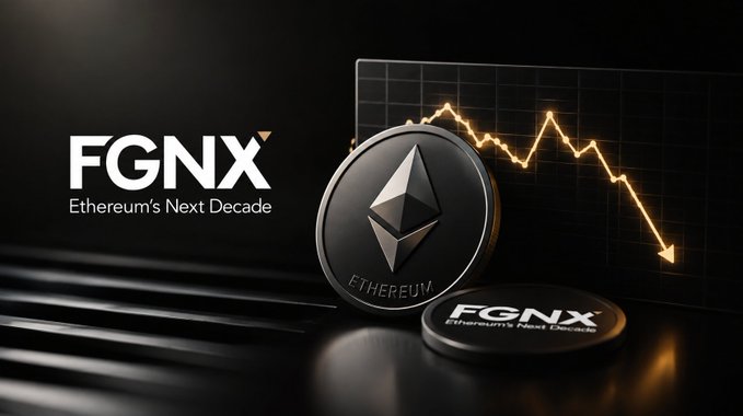 The image features FGNX branding with the tagline "Ethereum's Next Decade" displayed alongside a physical Ethereum coin and a downward-trending chart, visually reinforcing the post's news about FG Nexus divesting its entire Ethereum holdings (50,000+ ETH) after abandoning its treasury strategy announced roughly a year ago.