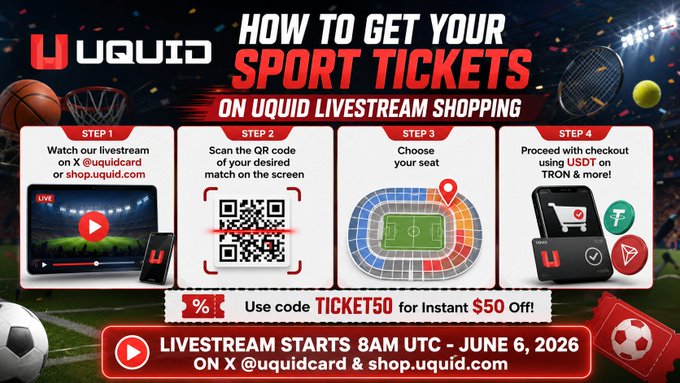 The image features a poster advertising UQUID Livestream Shopping, which offers a way to get sports tickets through a QR code. The poster includes images of various sports items such as basketballs, tennis rackets, and soccer balls, along with the text "How to get your sport tickets on livestream shopping". The poster also provides information about how to use the UQUID Livestream Shopping service, including details about the process and a code for accessing the service.