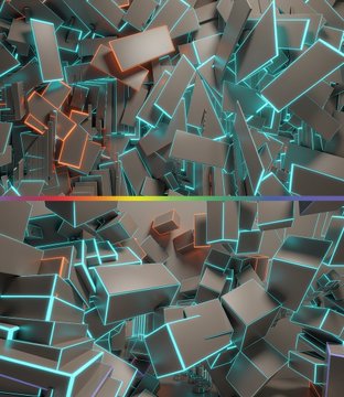 !!!IMAGE!!! A 3D rendering of a cityscape features numerous gray cubes with blue and orange accents, creating a sense of depth and complexity.