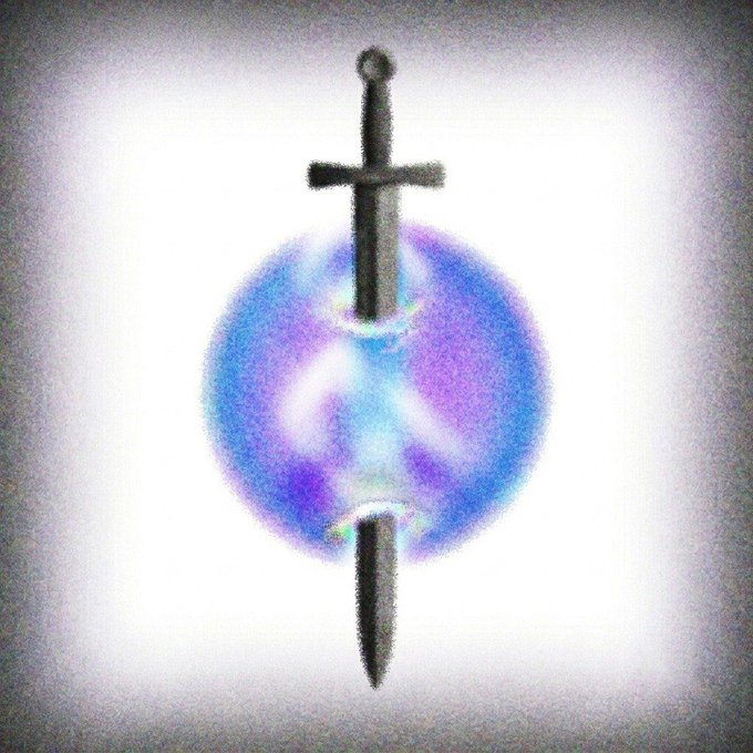 Artistic digital rendering of a medieval sword piercing through a glowing iridescent orb against a white background.