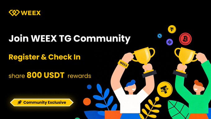A promotional banner for WEEX invites users to 'Join WEEX TG Community' with instructions to 'Register & Check In' to share 800 USDT rewards, featuring illustrations of people holding trophies alongside cryptocurrency coins.