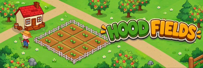 A colorful cartoon-style promotional banner for a game titled 'HOOD FIELDS', featuring a farmer, a small house, and fenced crop fields surrounded by apple trees.