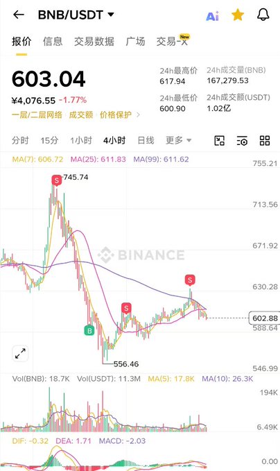 A screenshot from a smartphone displaying a stock market chart with two different stocks - BNB USDT (banks of note) and $BNB (bank). The chart shows that the value of BNB USDT has experienced a significant drop, while the stock price for $BNB remains relatively stable.