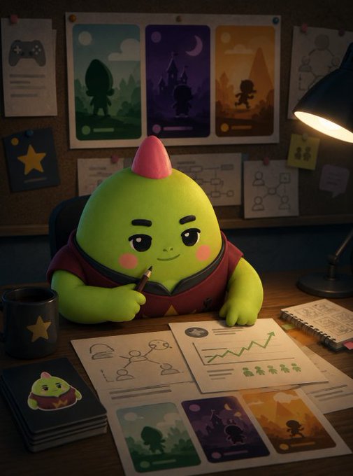A 3D-rendered green character with a small pink horn sits at a desk analyzing papers and charts, with character design posters pinned to the corkboard behind.
