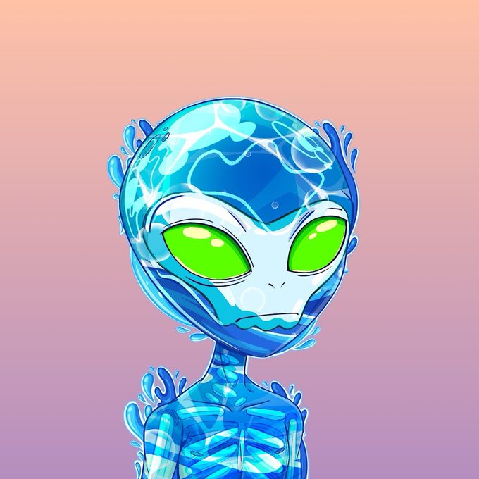 A blue water-like alien with large green eyes is depicted against a peach and pink gradient background.