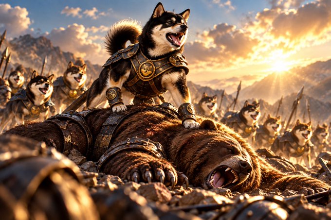 A dramatic AI-generated fantasy scene of an army of Shiba Inu dogs in armor, with one standing triumphantly atop a defeated bear on a battlefield at sunset.