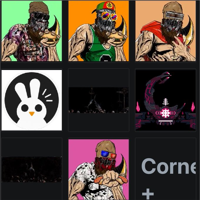 Grid of NFT artwork featuring grim reaper-style skeleton characters with beards holding bananas, alongside a bunny logo and what appears to be gaming sprite images.