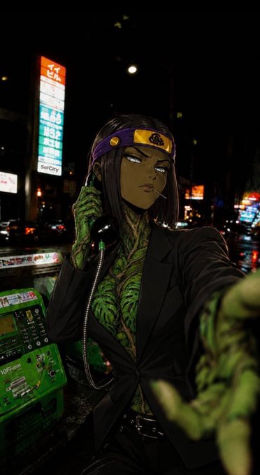 An anime-style illustration depicts a green-skinned female character with purple eyes wearing a black jacket and a headband, holding a green telephone receiver in a neon-lit city setting.