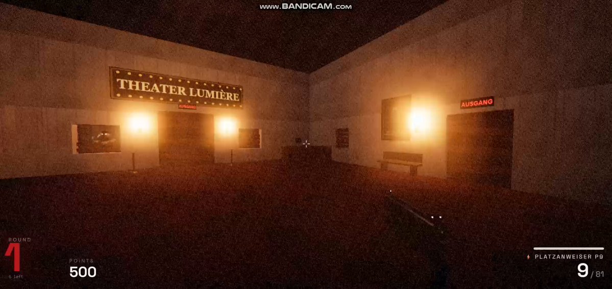 The image shows a room that appears to be an empty theater or auditorium, possibly used for filming purposes. The room has a dark atmosphere due to the dim lighting, which creates a sense of mystery. There are two signs present in the scene - one is a large sign with the word "Theater" written on it, and another sign reads "@caffeineai". These signs suggest that this space might be used for filming or other creative purposes related to theater or film production. The room's emptiness and dim lighting contribute to an overall atmosphere of intrigue and anticipation.