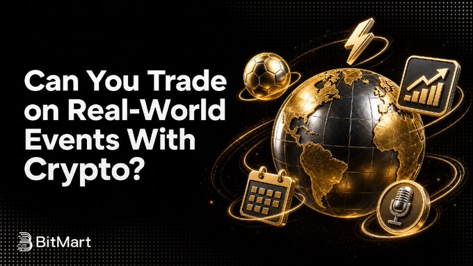 A BitMart promotional graphic features a gold globe surrounded by icons representing real-world events—sports, markets, and politics—with the headline "Can You Trade on Real-World Events With Crypto?"

The visual perfectly complements the post by illustrating how prediction markets allow users to trade on outcomes like the World Cup, tying together crypto trading with real-world events through symbolic gold imagery.