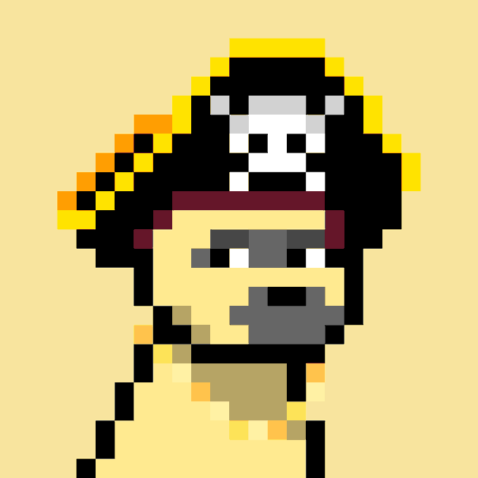A pixel art image on a yellow background depicting a figure with a skull-like face and a yellow hooded cloak.