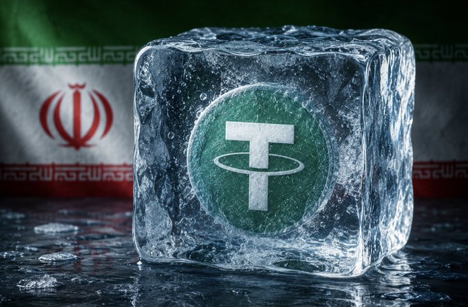 A frozen ice cube with Tether's "₮" logo encased inside sits in front of an Iranian flag, visually symbolizing Tether's $131 million USDT freeze on four TRON wallets linked to Iran's central bank following US sanctions.