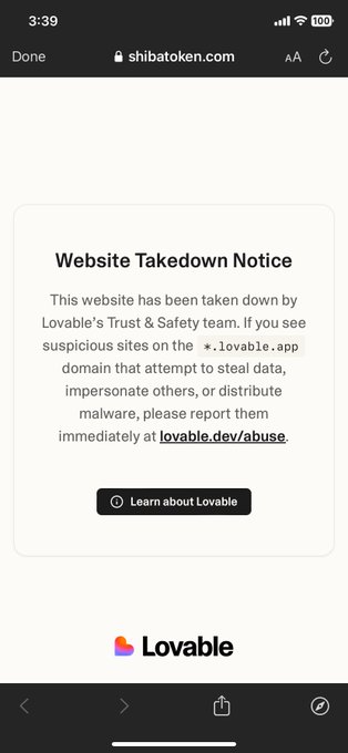A mobile screenshot of a 'Website Takedown Notice' from Lovable's Trust & Safety team displayed on shibatoken.com, warning users about malicious sites.