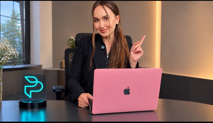 A young woman with long brown hair sitting at a desk with a pink Apple MacBook laptop, pointing upward next to a glowing teal "P" logo light on her desk.