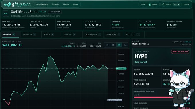 A dark-themed cryptocurrency trading interface on gHypurr for the wallet 0x416e...8cad, showing an all-time PnL of $481,082.15, equity of $1,195,172.68, and a "Risk terminal" panel for the HYPE token, accompanied by a cartoon cat mascot holding a microphone.