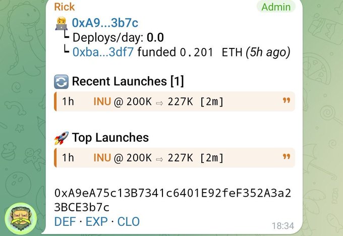 A screenshot of a Telegram bot message from 'Rick' showing token deployment information, 'Recent Launches' and 'Top Launches' featuring 'INU @ 200K ⇄ 227K', along with a wallet address.