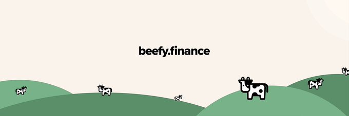 A minimalist banner for 'beefy.finance' featuring cartoon cows scattered across rolling green hills against a cream background.