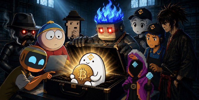 A group of characters gather around an open treasure chest containing a glowing Bitcoin and a small white ghost-like figure holding a "B" coin, with the blue ghost character ($FLORK) prominently featured in the center wearing a top hat and chain. Other characters include Cartman, Lloyd, and various meme figures including a pixelated purple-hooded character, illustrating the diverse meme roster competing in Binance's BNB bStocks meme ranking dashboard.