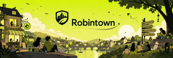 An illustrated banner for 'Robintown' shows a green landscape with people, animals, and buildings by a river, with a signpost listing 'Community, Tech Updates, Opportunities, and Stay Updated'.