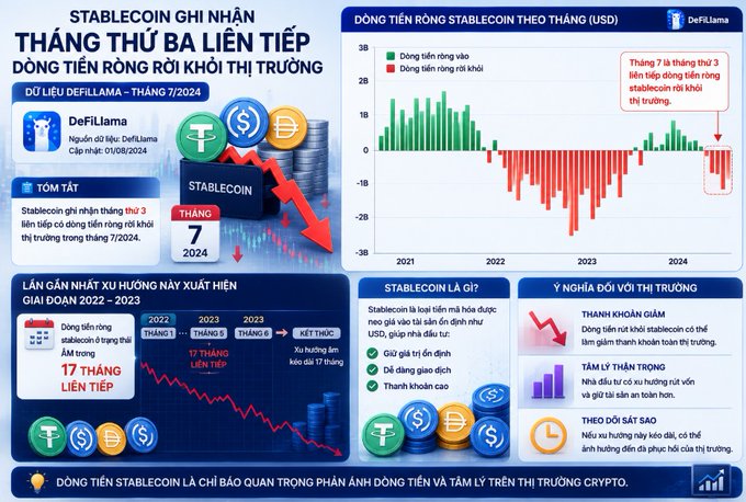 A Vietnamese-language infographic about stablecoins titled "STABLECOIN GHI NHẬN THÁNG THỨ BA LIÊN TIẾP DÒNG TIỀN RỜI KHỎI THỊ TRƯỜNG" featuring DefiLlama data, bar charts, and statistics for July 2024.