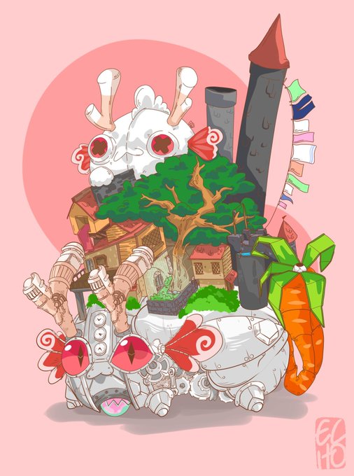 A colorful digital illustration depicts a fantasy mechanical creature with red eyes, carrying a miniature house, tree, and carrot on its back against a pink background.
