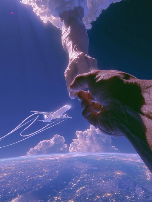 A surreal digital artwork depicting a large hand emerging from clouds above Earth, pinching its fingers as an airplane leaves contrails in the deep blue sky.