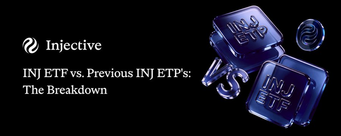 A dark promotional banner for Injective reading 'INJ ETF vs. Previous INJ ETP's: The Breakdown' alongside 3D renderings of blue 'INJ ETF' cubes.