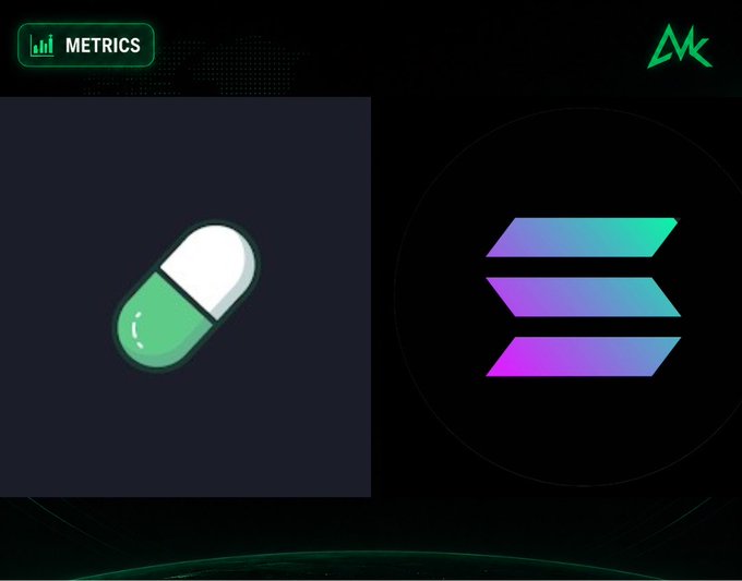 A dark interface with green accents shows a 'METRICS' button, a pill icon, and the Solana logo next to a purple and blue gradient symbol.