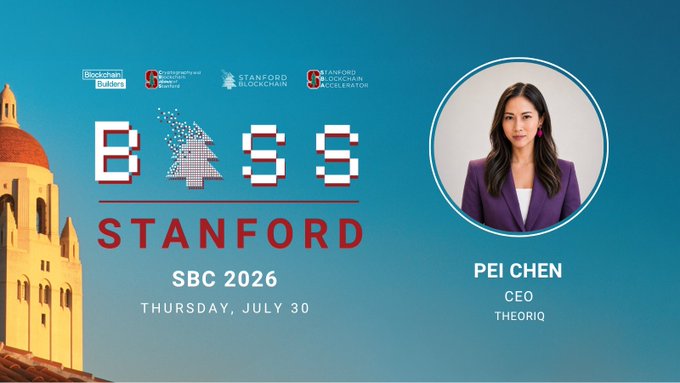 A banner for 'BASS STANFORD SBC 2026' on Thursday, July 30 features logos for Blockchain Builders, Entrepreneur Scotland, and Stanford Blockchain, along with a photo of speaker Pei Chen, CEO of TheorIQ.