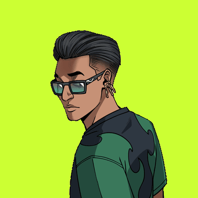 A stylized cartoon illustration of a young man with dark hair, blue-tinted rectangular glasses, an earring, and a green and black flame-patterned shirt on a bright green background.
