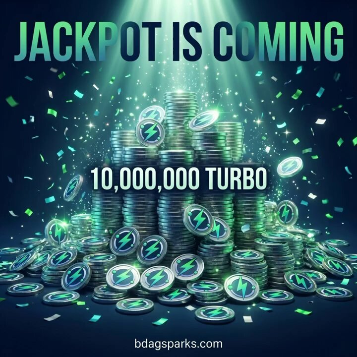 The image features a large stack of gold coins with various symbols on them, including lightning bolts and stars. The text "JACKPOT IS COMING!" is written above the coins, indicating that a jackpot has been won by someone. The phrase "10,000,000 TURBO" suggests that the jackpot amount is ten million dollars. The image also includes confetti falling from the top left corner and a website address in the bottom right corner.