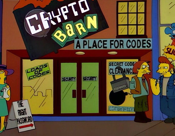 The image is a Simpsons-style illustration of "Crypto Barn — A Place for Codes," featuring Homer and Marge outside its yellow storefront, surrounded by signs reading "Security," "Loads of Codes," "Secret Code Clearance," "The Right Password," and "Combinators," humorously tying the long-running cartoon couple's three-child family dynamic to Binance's user-facing crypto exchange branding.
