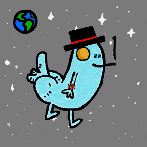 The image features a cartoon character, possibly a blue fish or a frog, wearing a top hat and holding a cigarette. The character appears to be floating in space with stars surrounding them. The caption "eth grails" suggests that this scene is related to a popular meme or internet trend involving the character from the movie "Escape From Gravity".