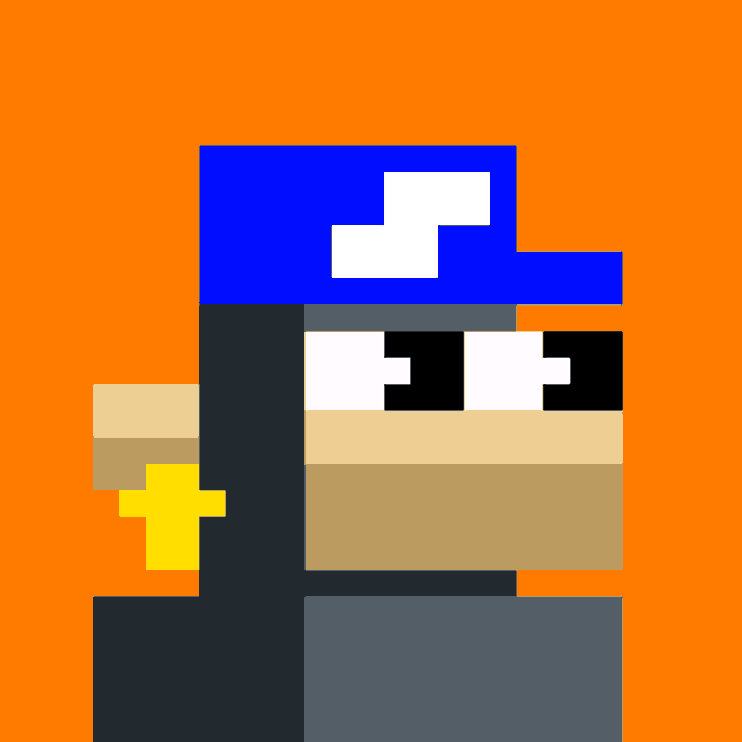 A pixel art character with a blue hat and a bandaged right arm holding a star-tipped baton stands against an orange background.